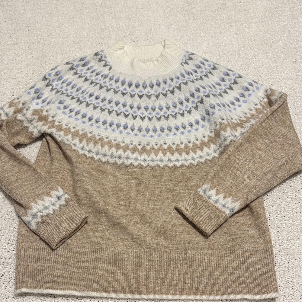 Fat Face Beige Fair Isle Crew Sweater with Cream & Light Blue Yoke
